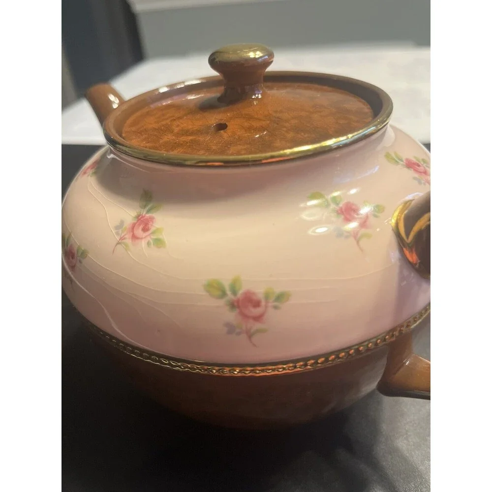 Vtg Sadler Teapot Roses Brown Pink & Gold Staffordshire England